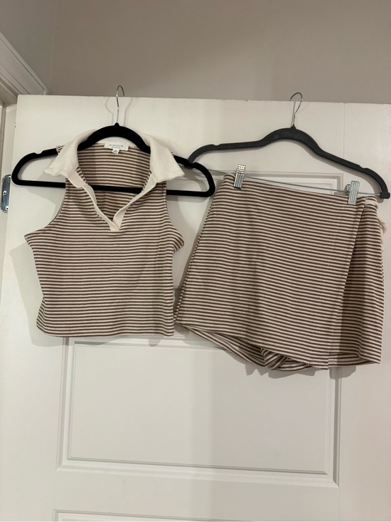 KIRIOUS LOS ANGELES Dresses & Skirts - Striped Knit Polo Tank and Skort Set in Cream and Brown